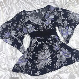 y2k Studio 1940 Blouse Black Excellent Floral Kimono Sleeve Empire Waist